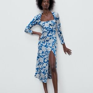 Zara Blue Floral Long-Sleeve Midi Dress with Square Neck
